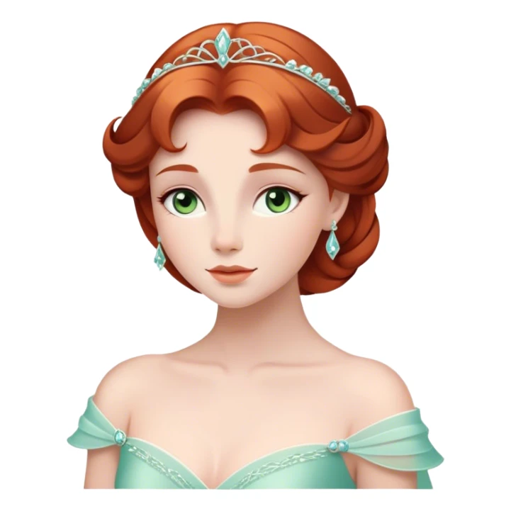 Cinematic Timeless Sleeping Beauty Portrait Emoji, rendered in a clean, vector style. Depict Aurora with delicate porcelain skin, elegantly arranged auburn hair, and a serene, graceful expression, dressed in her iconic gown. The design features bold, simplified shapes, a soft, enchanting glow, and a subtle glowing outline, capturing her timeless, fairy-tale beauty. sticker