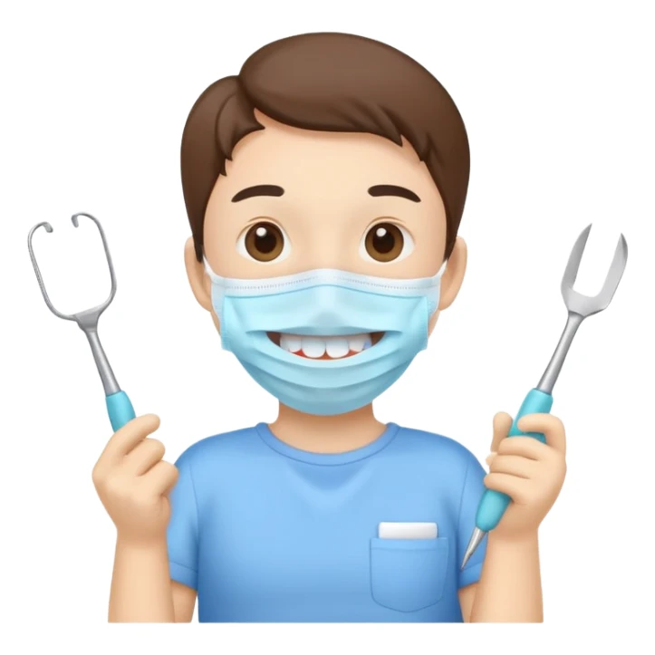 Cute tooth character wearing a face mask, holding dental tools, friendly and clean emoji style, flat illustration, simple design, white background. Diente animado no person sticker