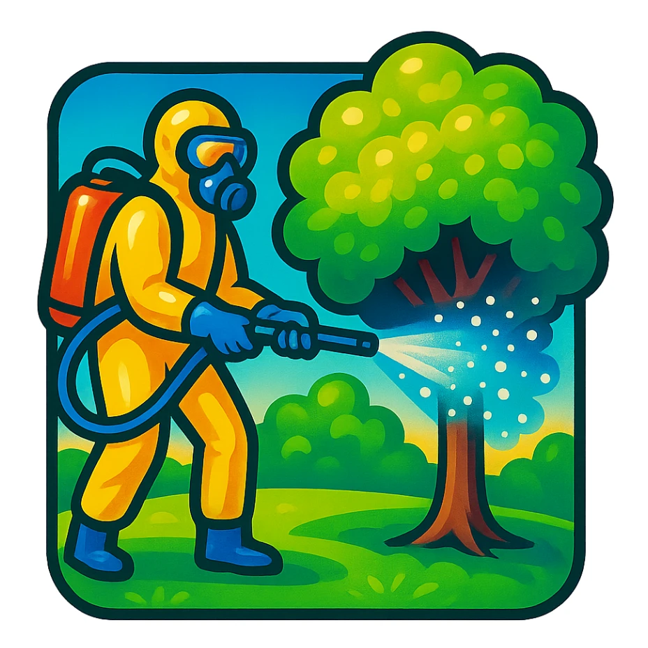 A gardener in protective suit and mask spraying a tree with a sprayer, performing chemical pest control. Bright green garden with trees, visible spray droplets, atmosphere of professional plant protection and garden care sticker