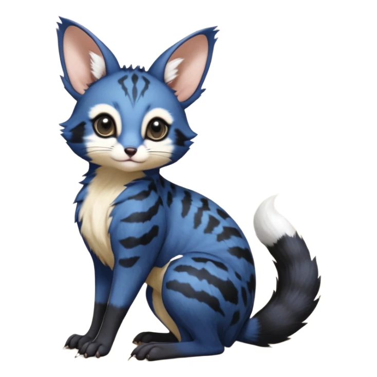 Dark-cobalt-blue, black-pointed, soft realistic romantic vintage antique divine beautiful elegant pretty precious cute young youthful  Fakémon-Pokémon-alien-opossum-squirrel-feline-serval-caracal-chinchilla-Minccino-Cinccino-Meowstic-rodent-hybrid-creature with a big fluffy bushy tail (full body) sticker