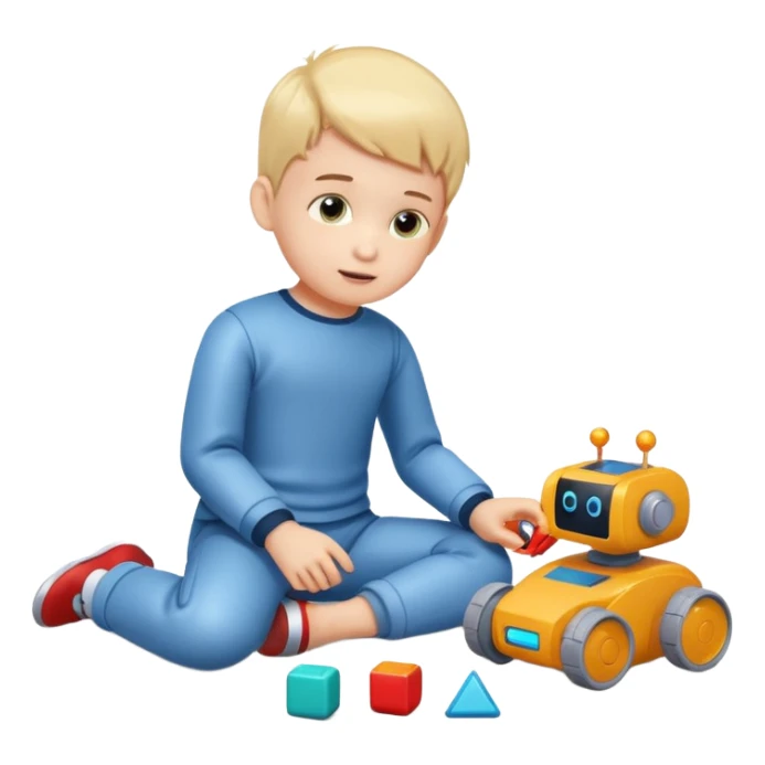 Little boy playing with toy robot on the floor sticker