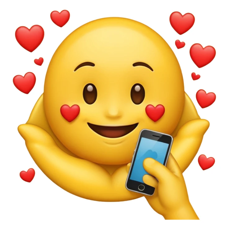 Emoji with hearts around it holding phone sticker