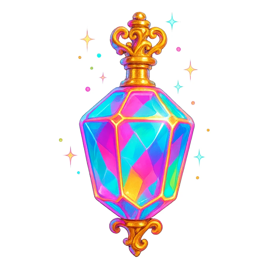 luxurious crystal elixir bottle in colorful chewing gum style, bright colors, lots of glow, edges, ornaments, golden details, magical effects, very small golden neck, transparent background, beautiful connected bottom, clearly floating in air, no base or shadow, premium class impression, playful, colorful, matching a collection of crystal, luxurious, magical bottles sticker