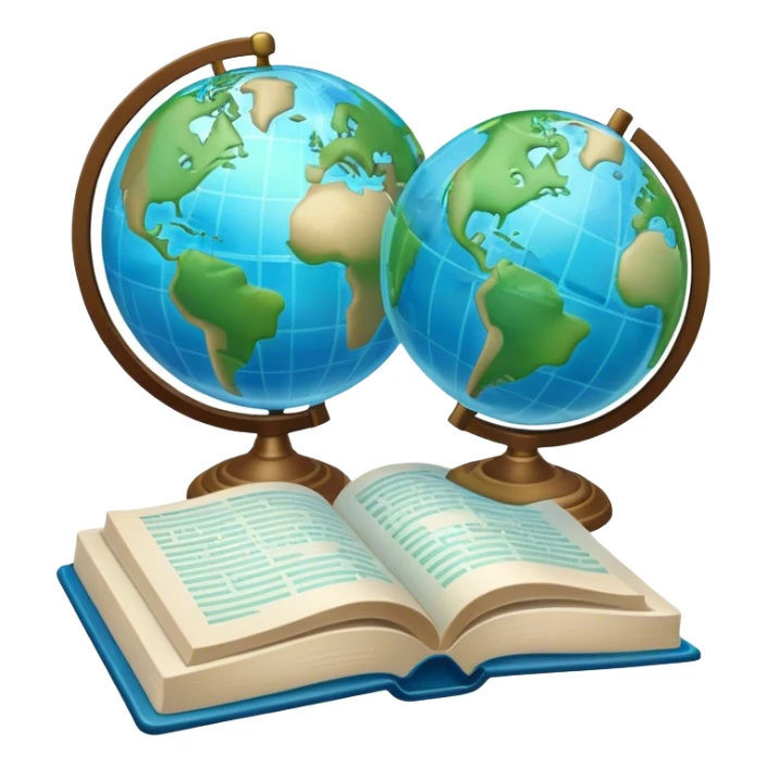 Create an emoji representing language translation. The design should feature just one globe in the background, symbolizing international communication. In front of the globe, place two opened books with texts on them and a pen nearby to indicate the act of writing. Use a clean and professional color palette with blues, greens, and neutral tones. Make the background transparent. sticker
