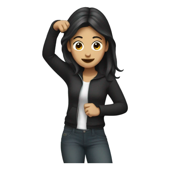 woman with dark hair dabbing to left sticker