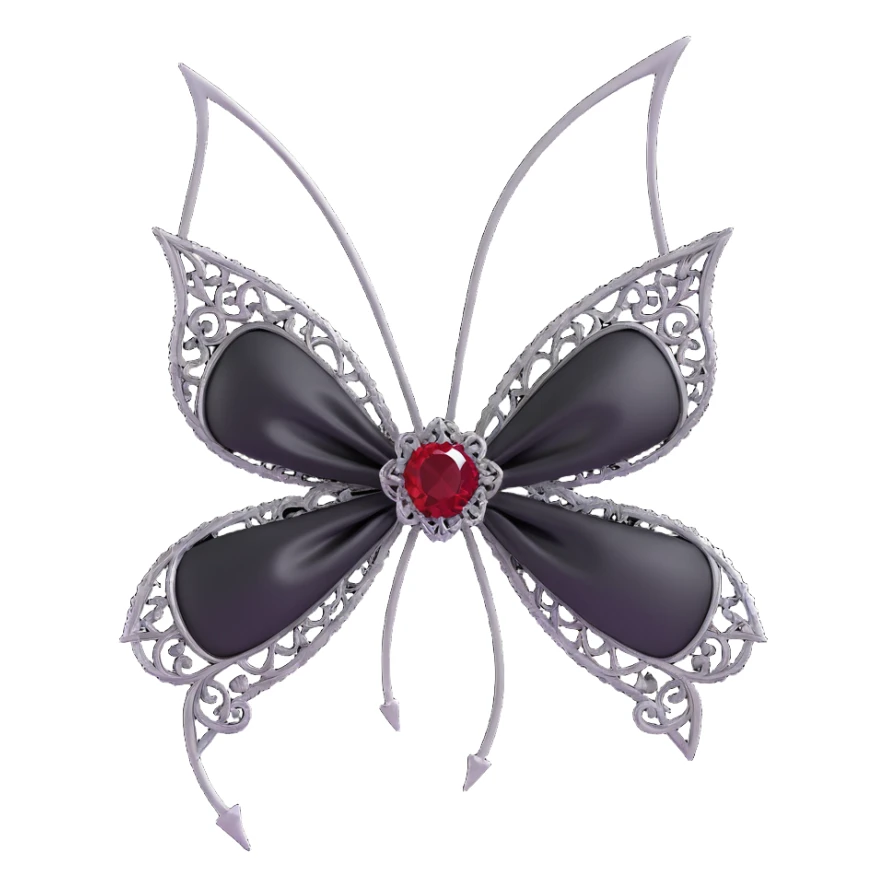 gothic bow, black satin, silver filigree, deep red gemstone, dramatic and ornate sticker