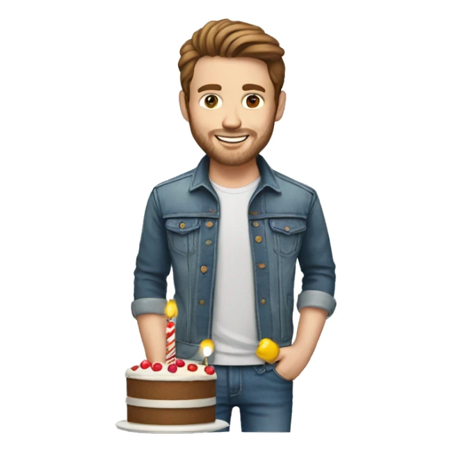 White man brown hair jeans jacket with birthday cake sticker