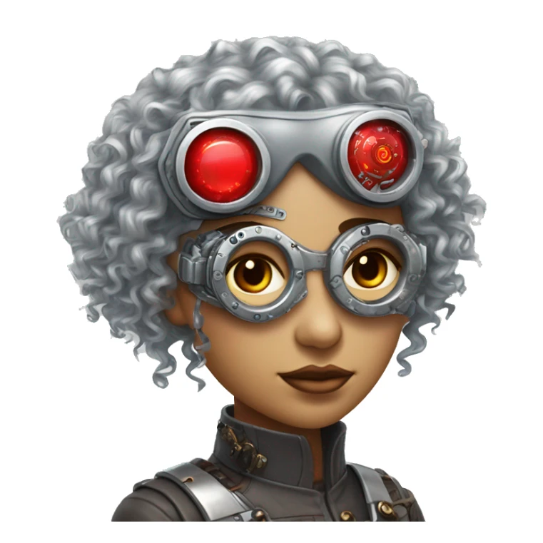 Silver curly hair female cyborg head with red steampunk goggles and circuits sticker