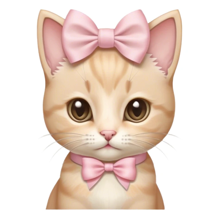 a very small beige kitten with a slightly white muzzle and a large light pink bow on its head, a purebred kitten with a large head sticker