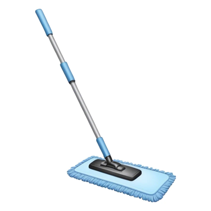 A household floor mop with a handle and cleaning pad sticker