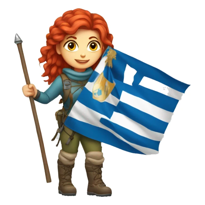 female winter mountaineer red hair holding greek flag and easter egg sticker