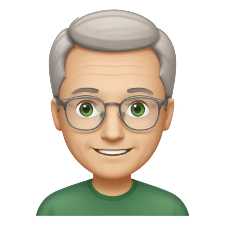Man with receding hair, grey hair only on the sides, green eyes, rectangular reading glasses, rounded clear face, with a smile sticker