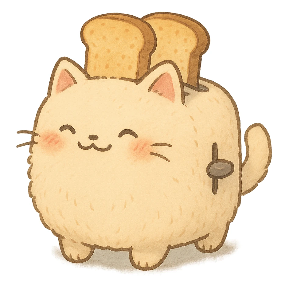 kawaii toaster transformed into a soft, fluffy cat, popping out two toast slices, smiling sweetly, soft pastel colors, full-body sticker