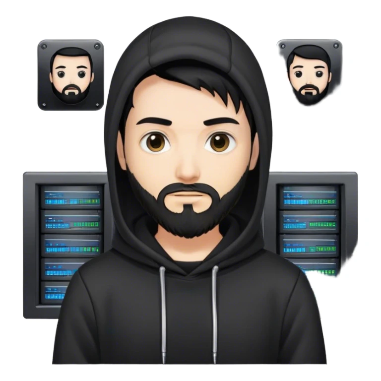 hackeur blanc cheveux noir barbe et capuche noir à côté d'un server ia sticker