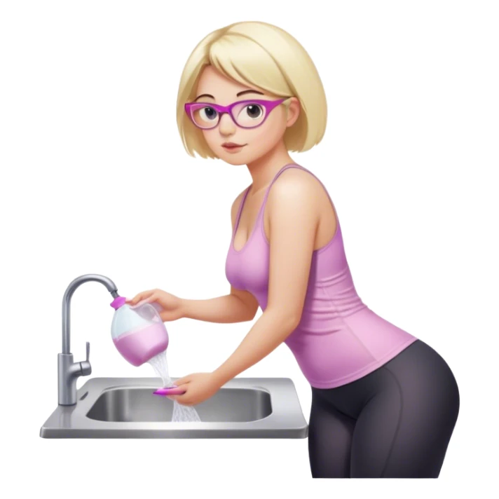 Seductive, Curvy fair skinned woman, short blond hair, small light purple reading glasses, washing dishes, SFW sheer pink tank top, without undergarments SFW, black yoga pants, thick booty sticker