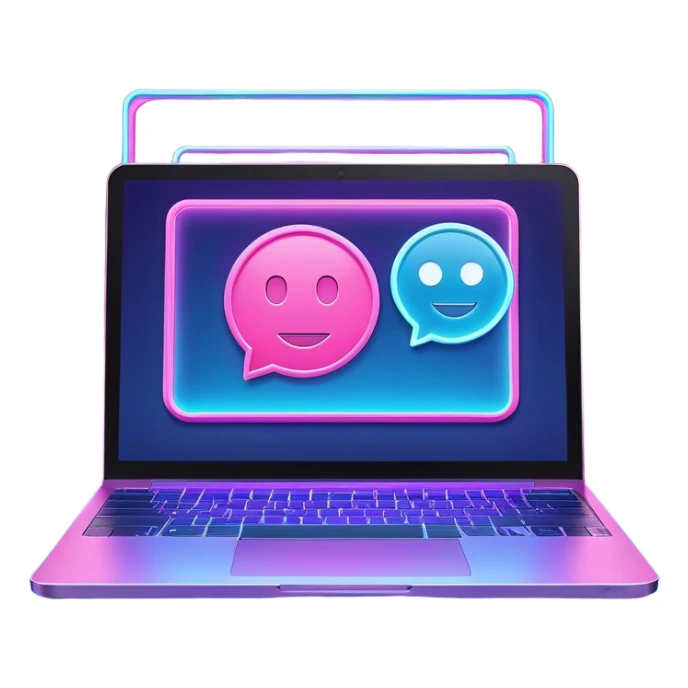 laptop computer with video chat displayed on screen, pink and light blue colors, with neon glow lines, blue neon light on top left, purple neon light on bottom right sticker