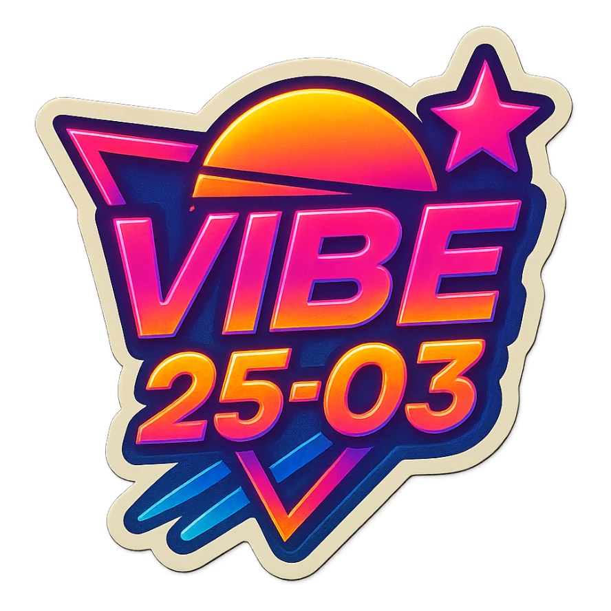 Transform the VIBE25-03 logo into an 80's retro style with neon colors, bold geometric shapes, and vintage synthwave aesthetics. Keep it vibrant and energetic, capturing the essence of classic 80's synthwave visuals with glowing neon lights and dynamic shapes. sticker