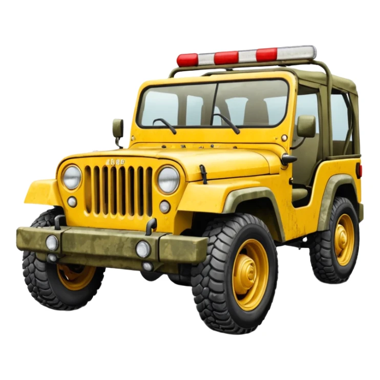 yellow military jeep, with protection, with red tuning symbols sticker