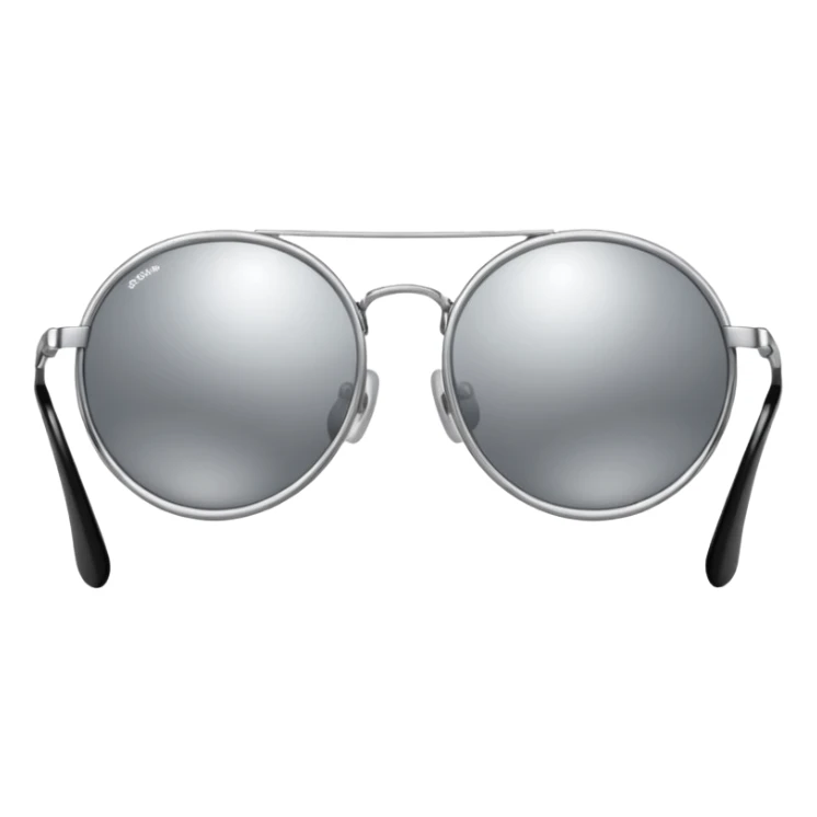 A pair of luxury sunglasses emoji with silver chrome frame, smooth rounded lenses, reflective metallic surface, high-end swag aesthetic, minimal and clean design, iOS emoji style, centered, white background sticker