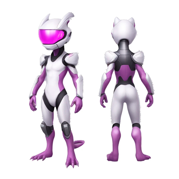 White Anthro-Lizard-Reptile-Alien-Genesect-Mewtwo-Fakémon, with pink eyes, with a futuristic visor-helmet, wearing a techwear-suit, Full Body sticker