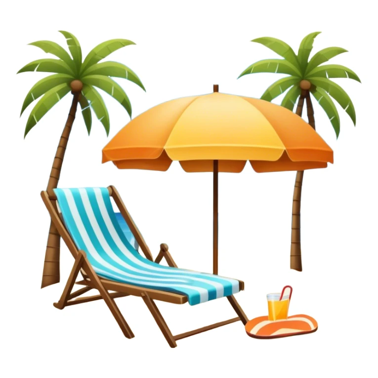 Icon for Beach Tourism: a sandy beach with a ocean skyline in the background, lounge chair, sun umbrella and flip-flops. The icon should capture the relaxation and fun of a beach vacation. Transparent background sticker