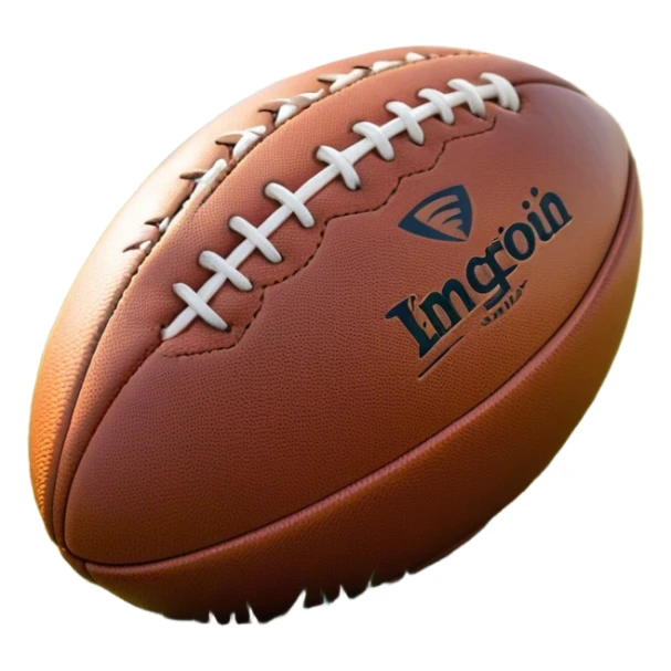 Cinematic Realistic image of a rugged rugby ball with detailed leather textures and precise stitching, rendered against a sunlit field backdrop with dynamic natural lighting that emphasizes its robust character sticker