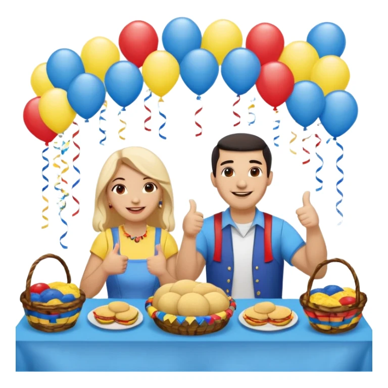 party table decorated with red blue and yellow colors, including a backdrops, balloons arch, streamers and more. On the table are intricate displays of colombian arepas, and baskets of money. In the forefront is a woman and man in simple clothing, big smiles and big thumbs up sticker