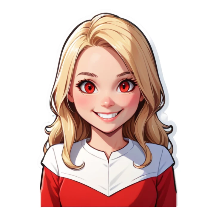 Woman, blonde hair, red eyes, white skin, smile sticker