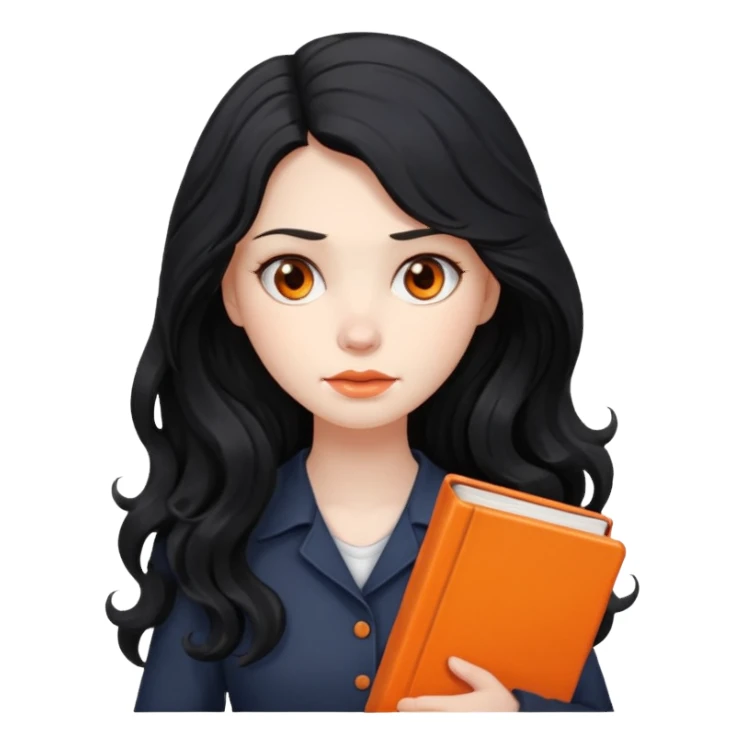 Long Hair Women with orrange Book, Black wavy hair, sad

 sticker