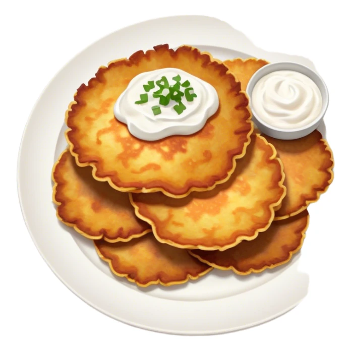 Cinematic Realistic Placki Ziemniaczane Dish Emoji, depicted as crispy potato pancakes served with sour cream rendered with vivid textures and warm, appetizing lighting. sticker