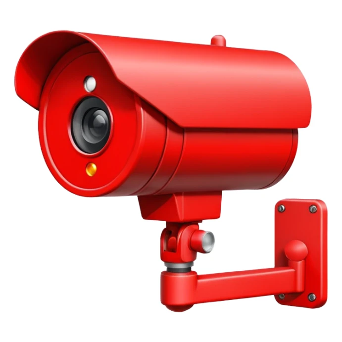 Minimalist emoji-style sticker of a CCTV camera with a glowing red record light, facing forward. Flat icon, grayscale with small red accent.
 sticker