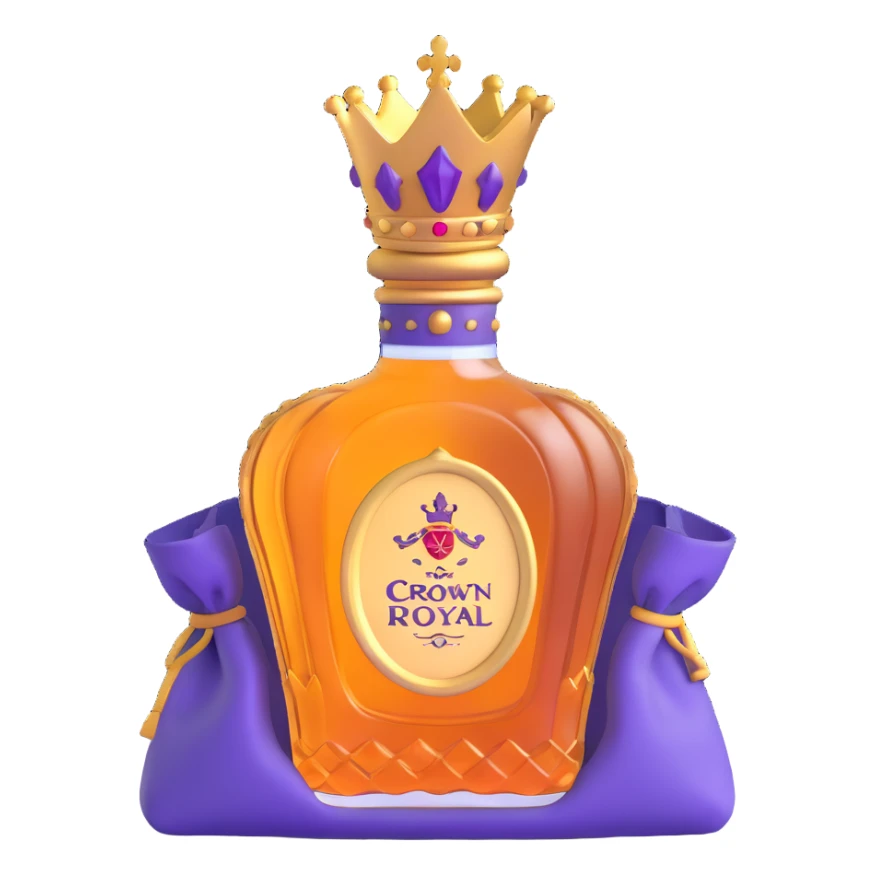 Crown Royal whisky bottle with purple bag and gold crown sticker