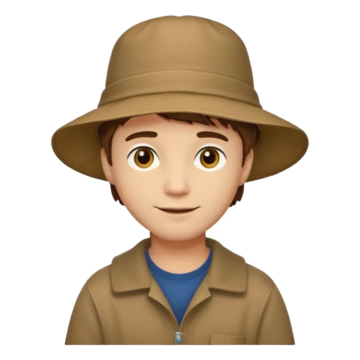 A light-skinned man with short brown hair, golden-brown eyes, and a soft smile, wearing a wide-brimmed brown bucket hat. sticker