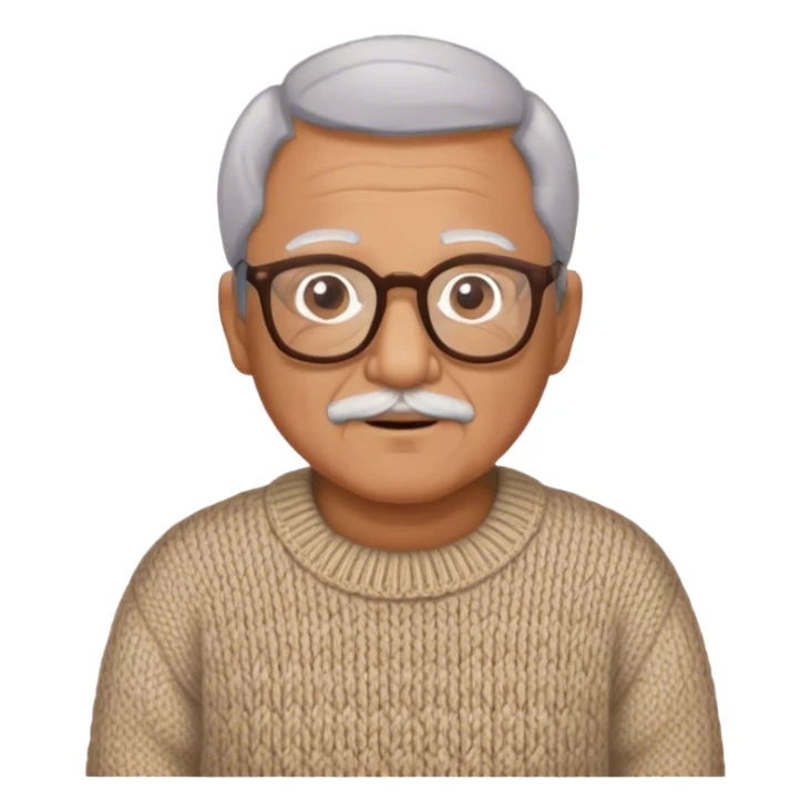 Latino grandfather, light brown, with knitted sweater and eyeglasses sticker