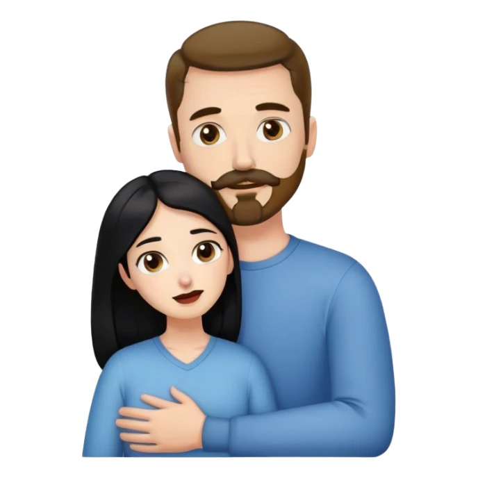 Tall white man with brown mustache and goatee hugging a short pale woman with long black hair sticker