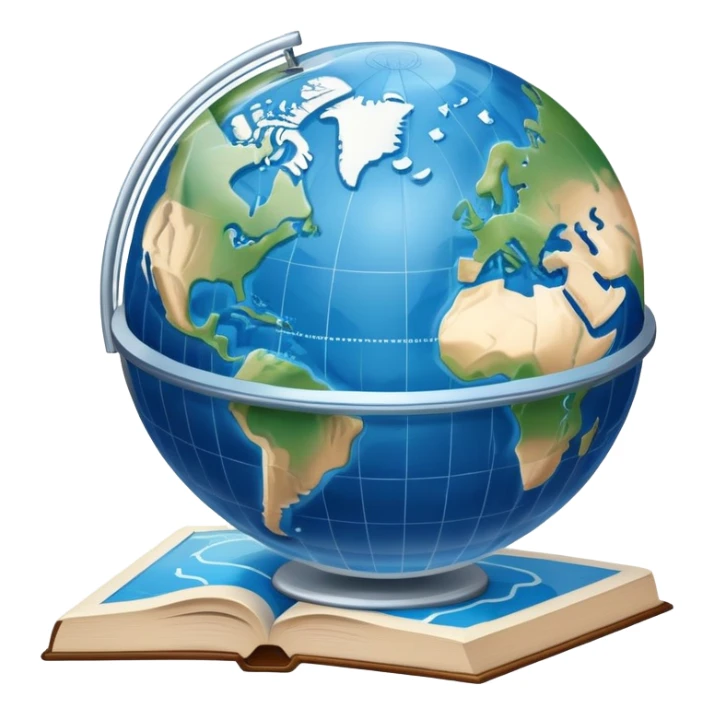 an icon featuring an earth with attitude and longitude lines, a textbook, and a topographic map, symbolizing geography as a science. The design includes a compass, mountain ranges, and rivers, representing the study of Earth's features and landscapes. Transparent background highlights geography. sticker
