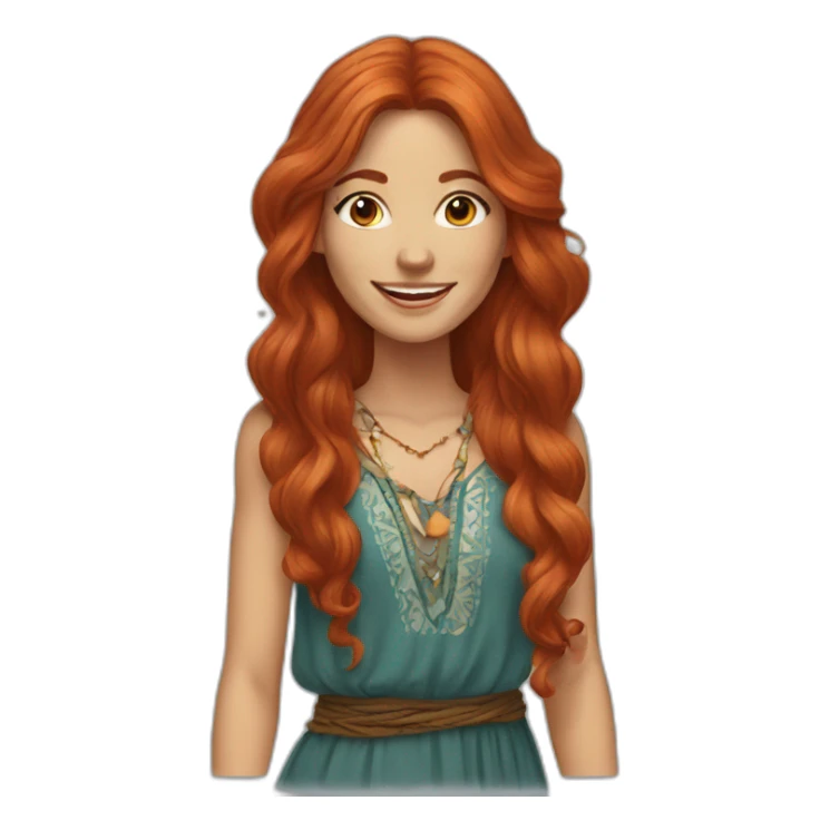 long hair redhead woman, smiling, wearing boho dress sticker