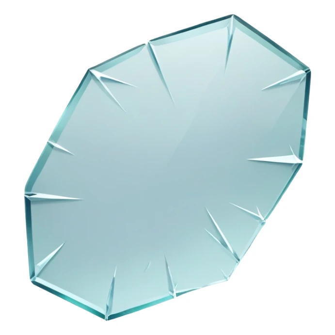 A broken glass design created in the style of an Apple iOS emoji. The shattered glass should be scattered in a realistic but minimalistic way, as if lying on an invisible, transparent surface. The shards should remain within the visual bounds of a typical emoji, with sharp, clean edges, subtle reflections, and varying fragment sizes. Use soft gradients, no outlines, and rounded corners where appropriate to match the iOS aesthetic. The overall illustration should feature a soft 3D appearance with delicate shadows and glass-like texture. Transparent background. High resolution. PNG format. sticker