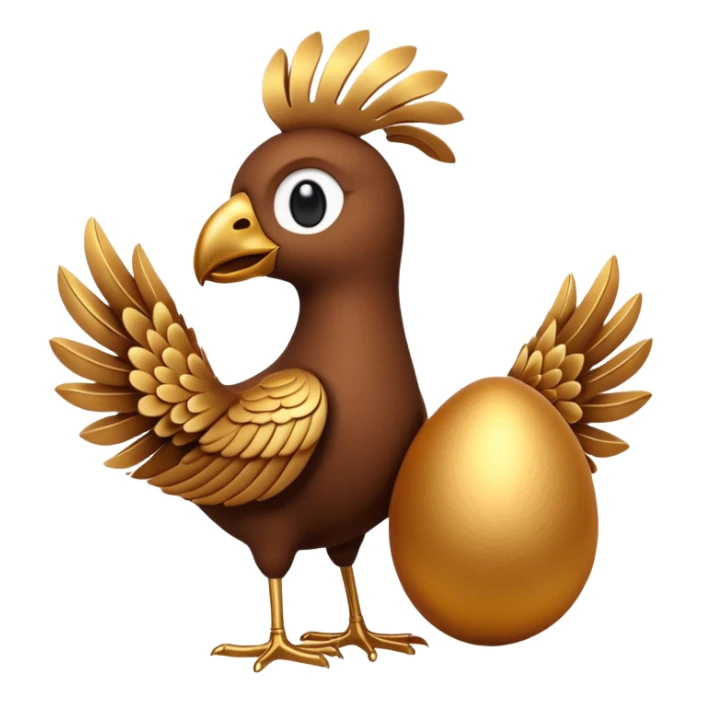 A 3D cartoon Sankofa bird with its head gracefully turned backward holding a golden egg in its beak, symbolizing learning from the past, single bird in frame, gold and brown tones, clean black background, Memoji-style rendering sticker