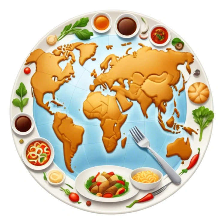 Icon for Culinary Tourism: a world map with food elements like a fork, knife and dish, surrounded by iconic dishes from various countries. The icon should represent the exploration of global cuisines and travel experiences. Transparent background. sticker