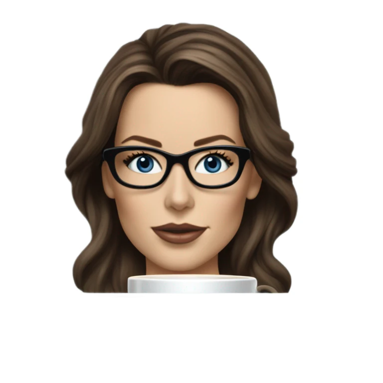 Hyper Realistic Kate Beckinsale dark blue eyes wearing glasses drinking coffee at a laptop  sticker