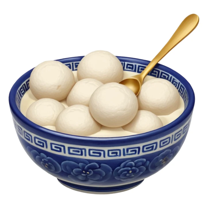 smooth glutinous flour balls in ceramic chinese bowl and one spoon sticker