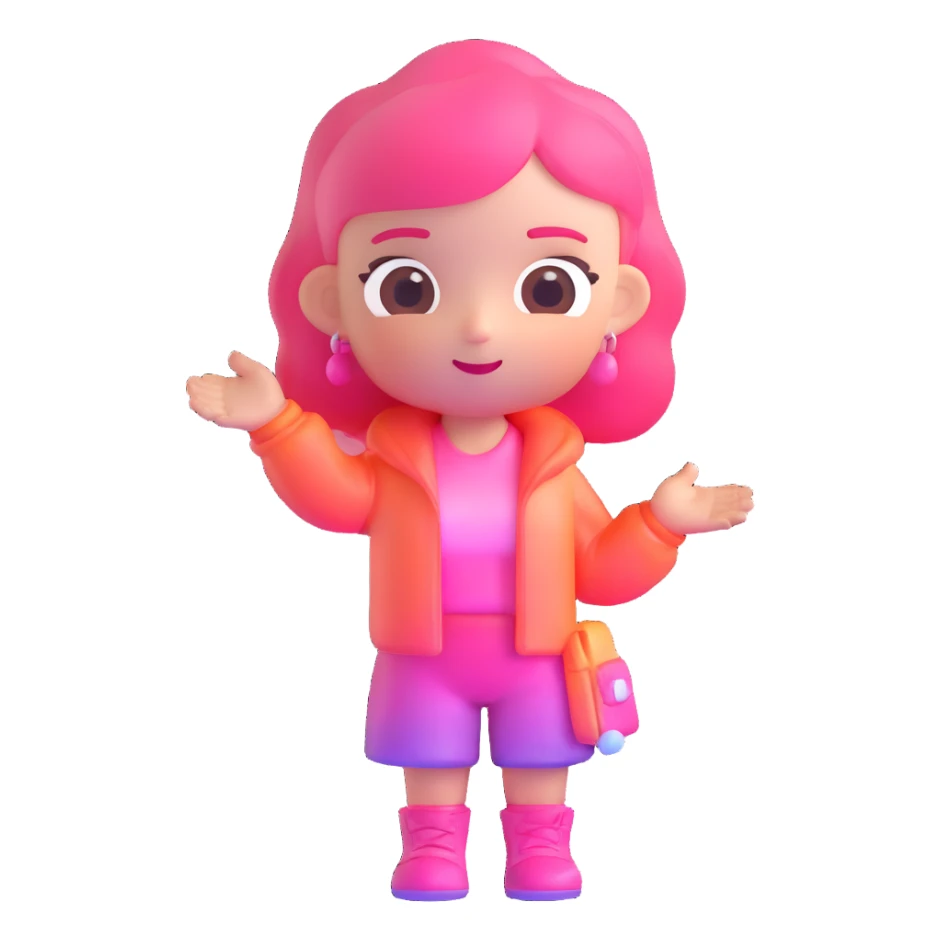 Cute female character with pink gradient, glass effect, minimalist design, transparent background sticker
