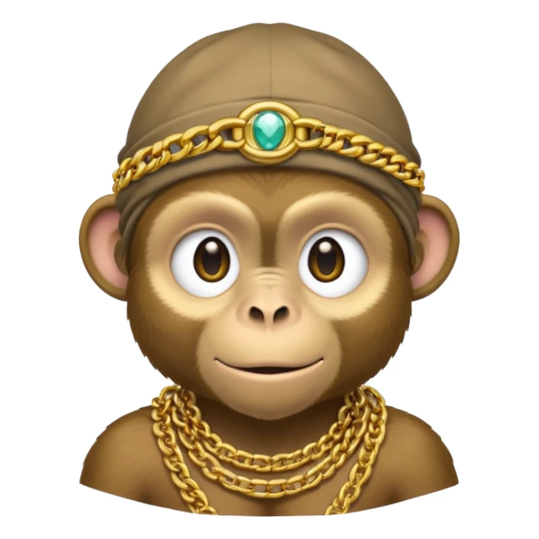 Dark monkey with a dew rag and gold chain and grill sticker