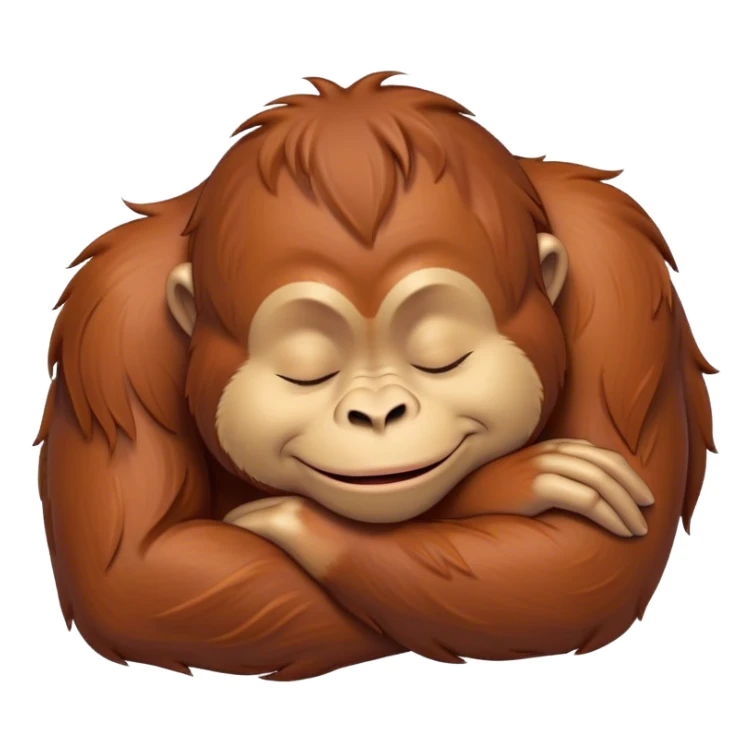 Meme-Worthy cute Sleeping Orangutan Portrait Emoji, Head resting peacefully with a contented smile, showcasing luxuriously soft fur and eyes gently closed in serene slumber, Simplified yet comically adorable features, highly detailed, glowing with a soft, drowsy jungle light, high shine, relaxed and utterly lovable, stylized with an air of playful laziness, bright and heartwarming, soft glowing outline, capturing the essence of a sleeping orangutan that feels destined to become the next viral icon of adorable rest! sticker