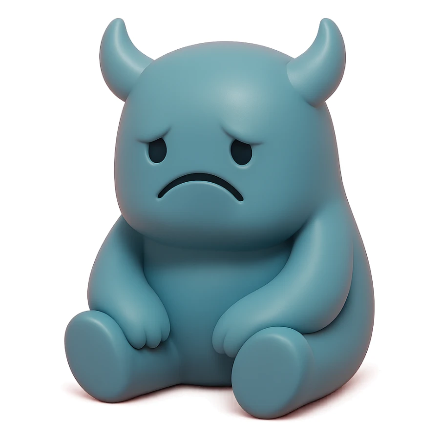 lonely monster, sitting alone with a sad expression, muted blue and grey colors, toy-like vinyl figure style sticker