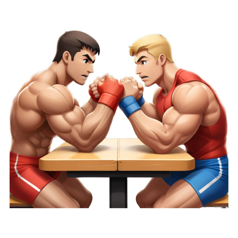 Two strong competitors locked in an intense arm wrestling match, muscles tensed as they battle for victory. The table is well-lit, showcasing their focused expressions and powerful arm grips. The background features a competitive arena with a cheering crowd. Transparent background. sticker