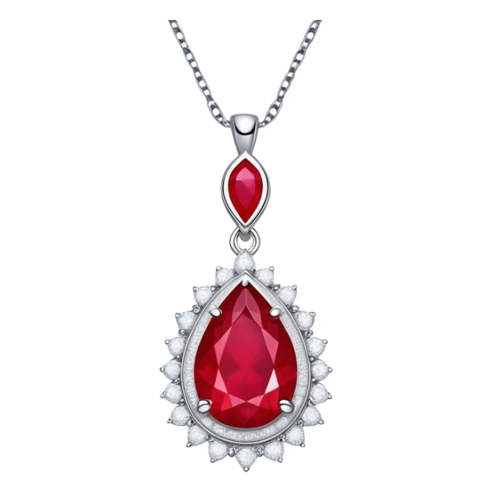 teardrop ruby pendant on silver chain, surrounded by white stones and radiant aura sticker
