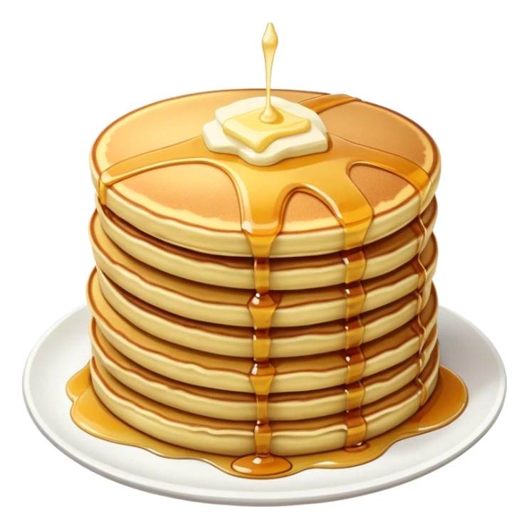 Cinematic fluffy golden pancakes, stacked high, drizzled with maple syrup, topped with fresh butter melting on top, light dusting of powdered sugar, warm and inviting, soft glow and mouthwatering. sticker