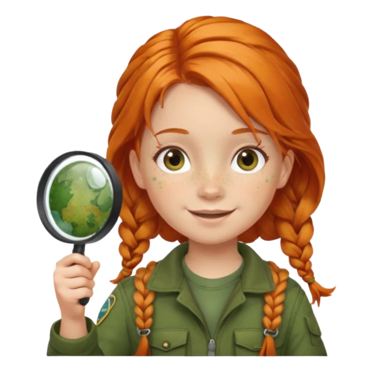 braid orange haired girl kid in moss green explorer outfit, holding magnifying glass, smile sticker